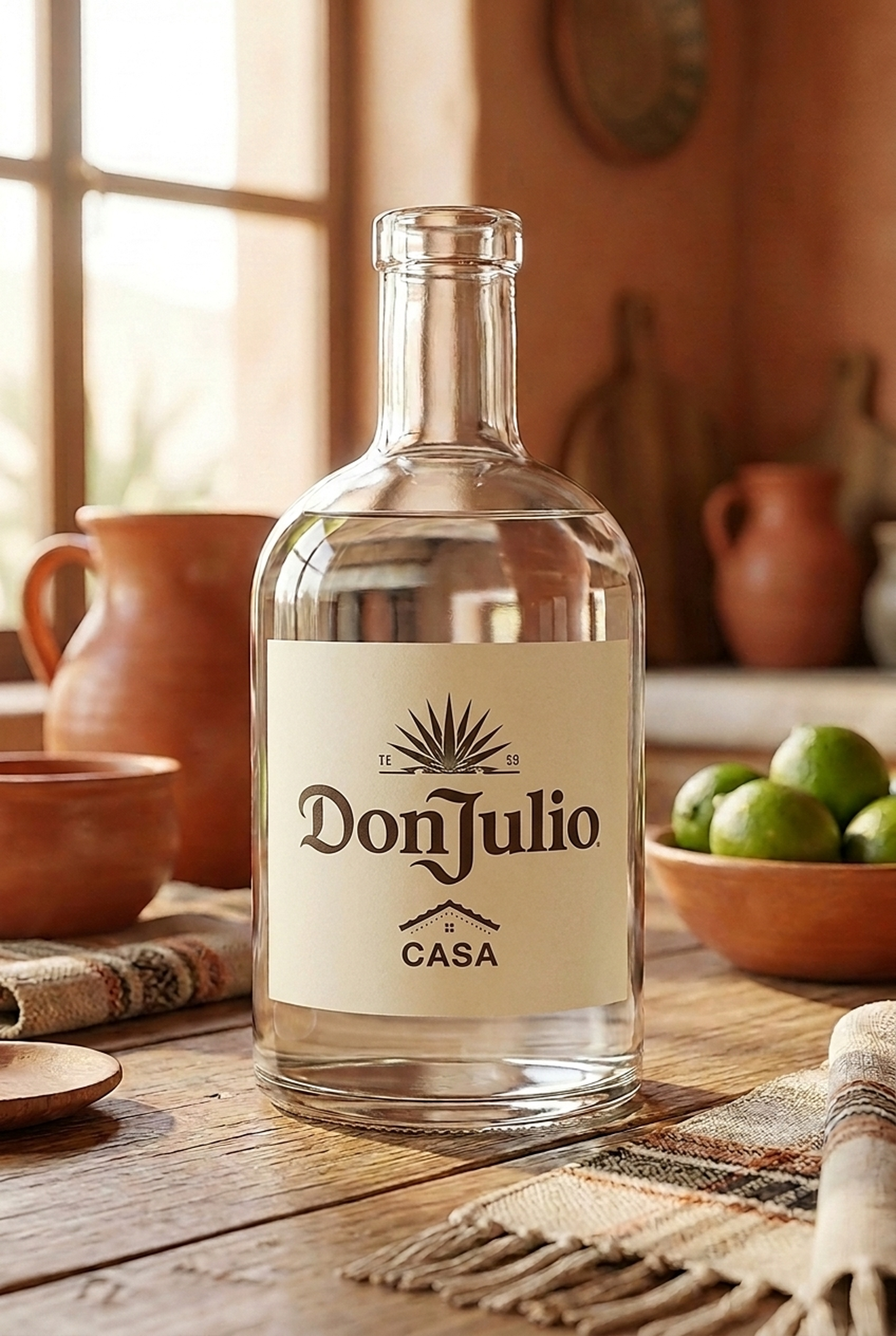 Don Julio Casa bottle — clear blanco on a warm rustic table