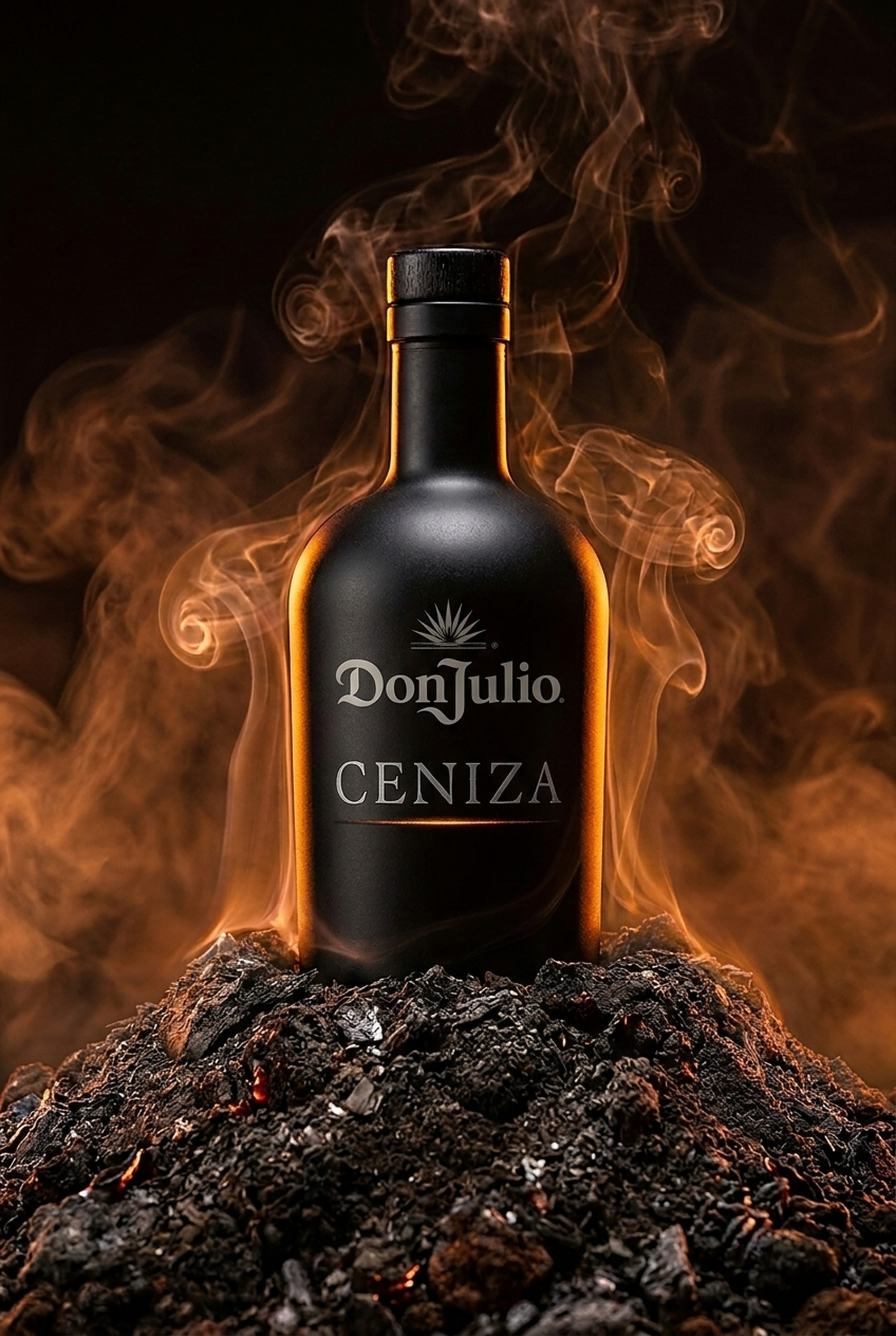 Don Julio Ceniza bottle — matte-black, ember glow, volcanic ash