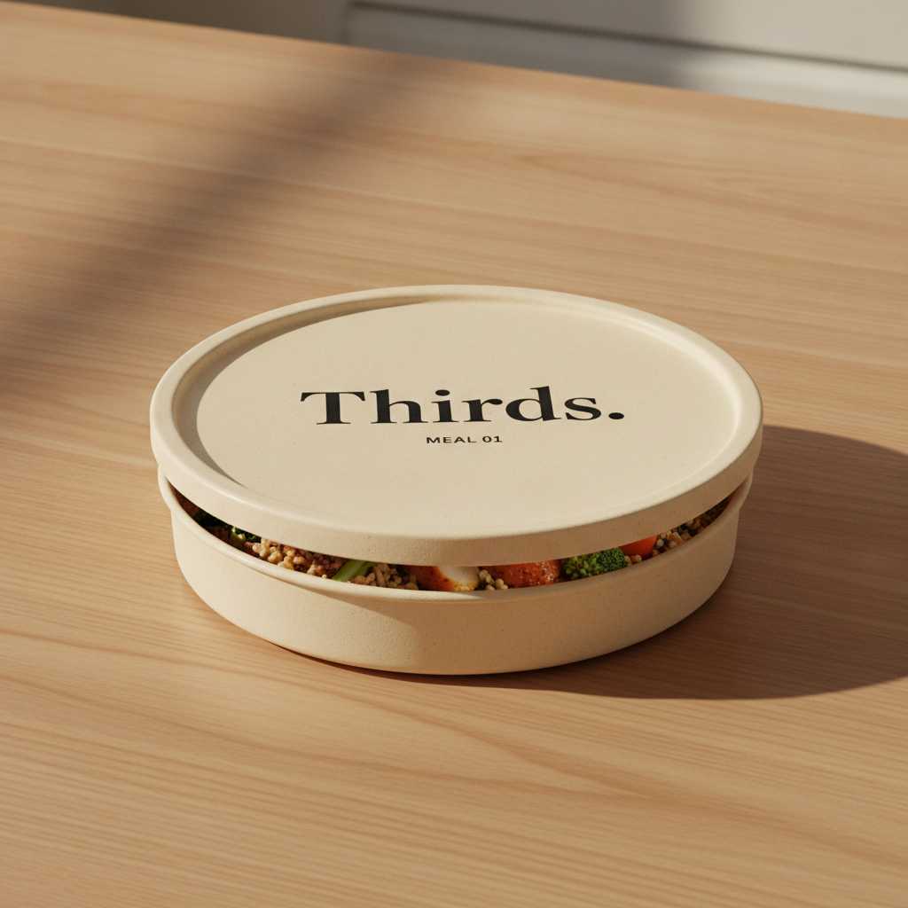 Thirds prototype — small cream lidded tray labeled Thirds. Meal 01 on an oak counter