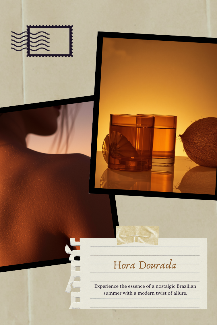 Cenoura & Bronze Hora Dourada territory board — a collage of golden-hour Brazilian summer references, sun-warmed skin, amber glass and coconut