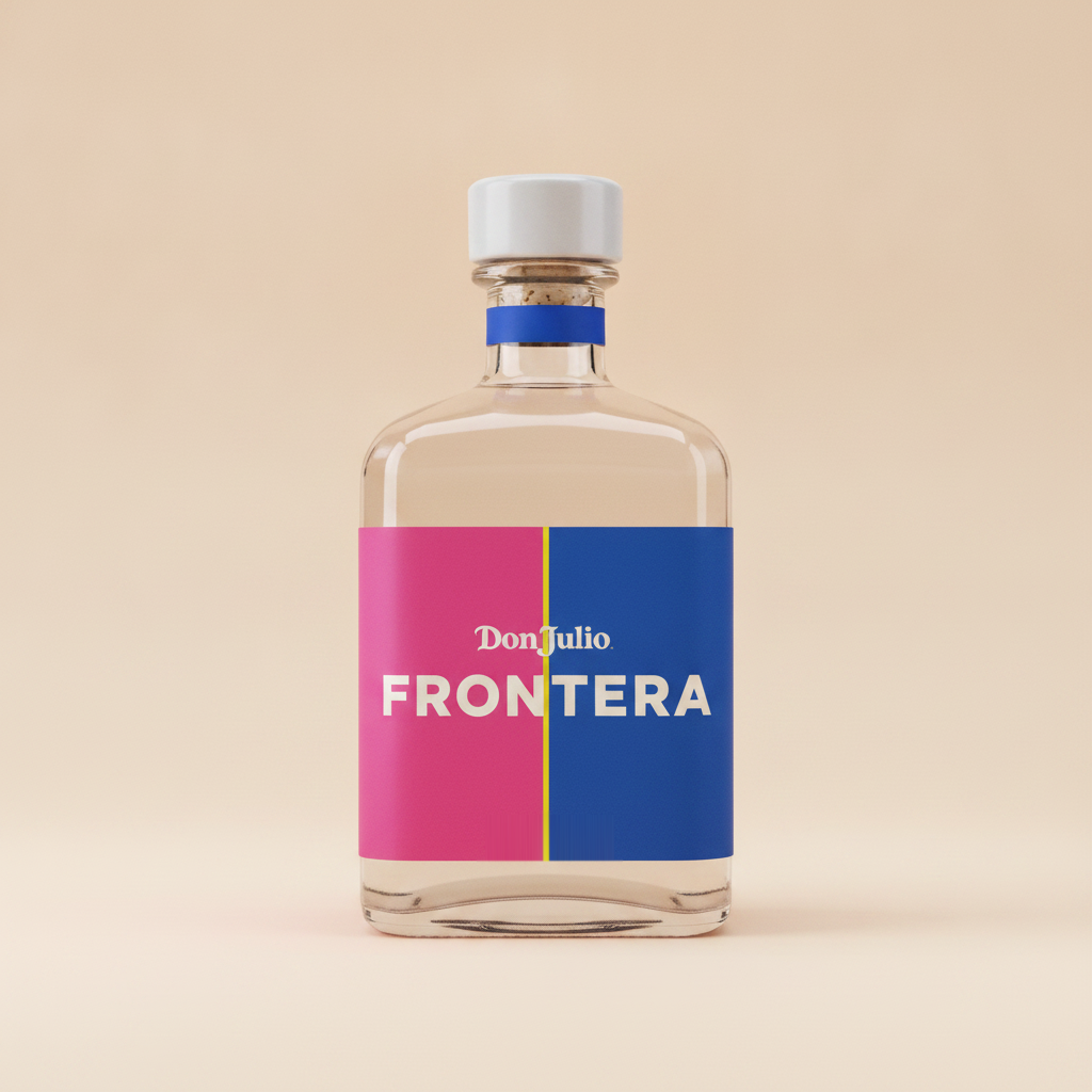 Don Julio Frontera bottle in a saturated pink, cobalt and yellow world