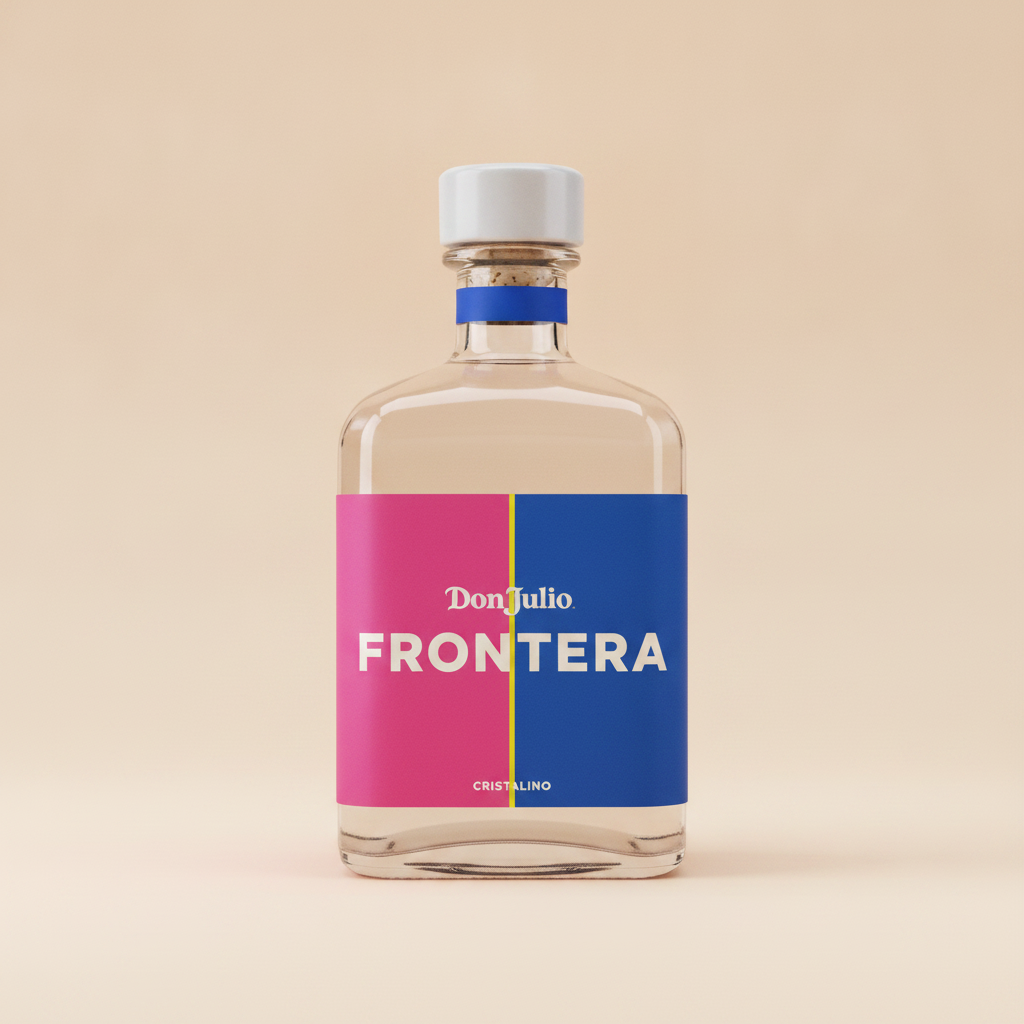 Don Julio Frontera prototype — a cristalino bottle with the label split into hot pink and cobalt fields, the word Frontera crossing the join