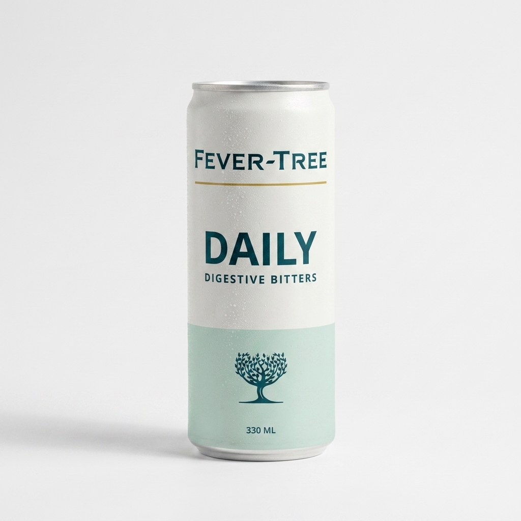Fever-Tree Daily prototype — a dosed digestive bitters can in bone and pale mint, set out like a supplement panel